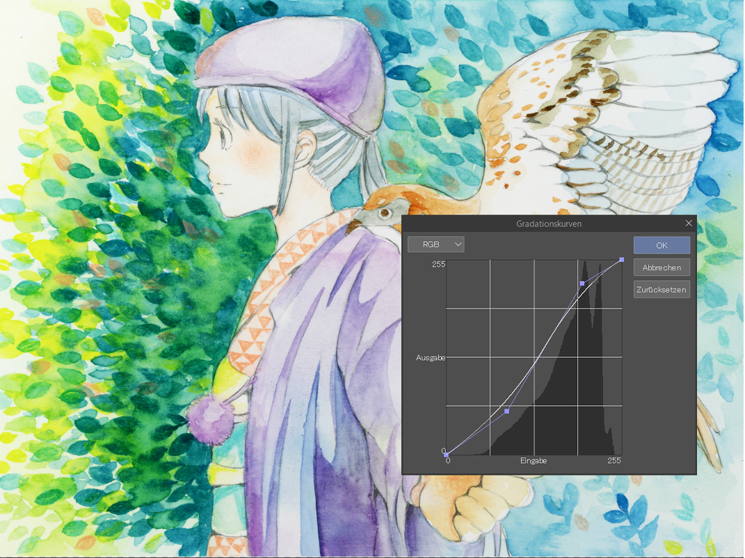 Anpassung des eingescannten Aquarells in der Zeichen-App Clip Studio Paint.