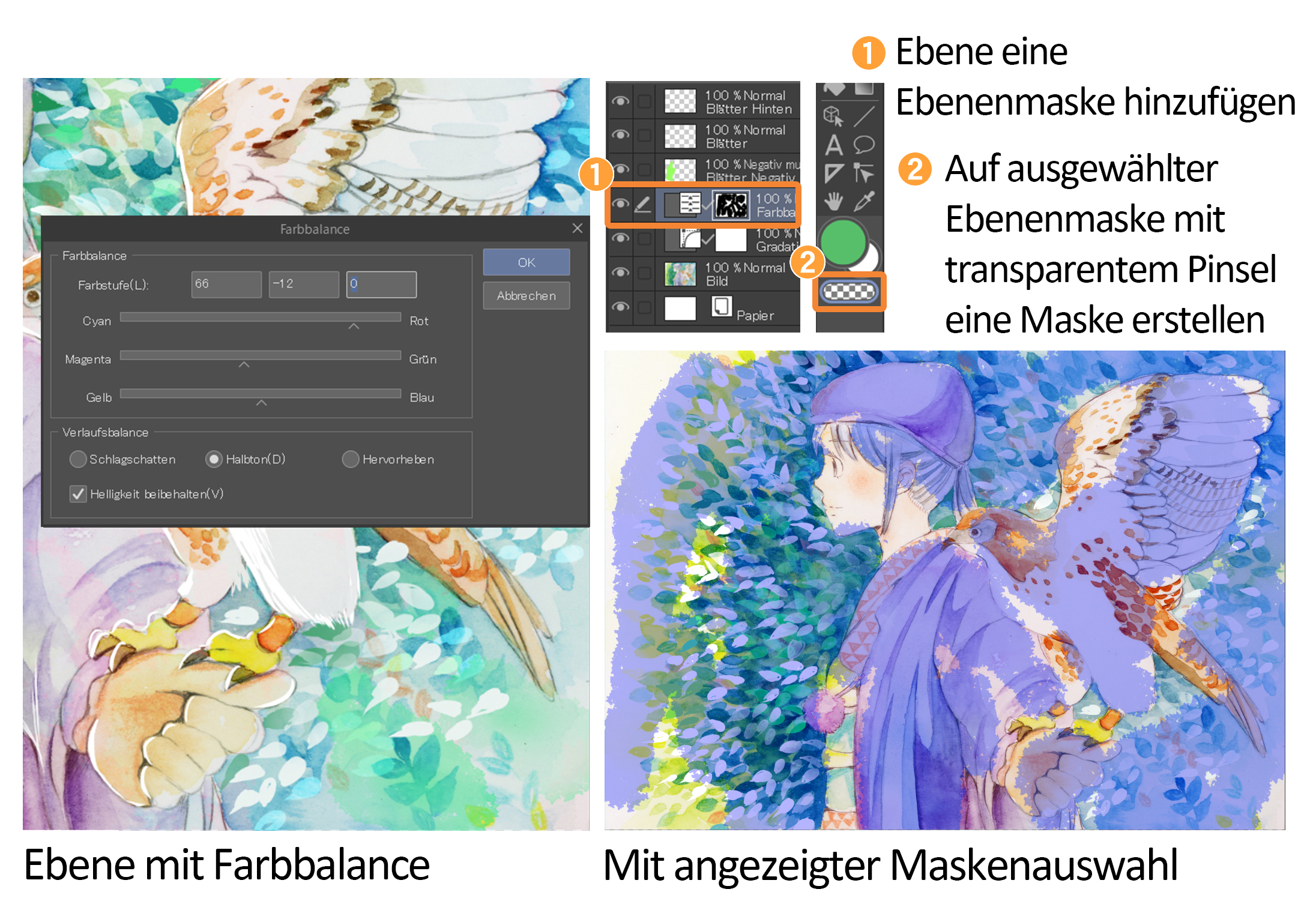 Die Aquarellfarben werden digital mithilfe einer Maskenauswahl angepasst.