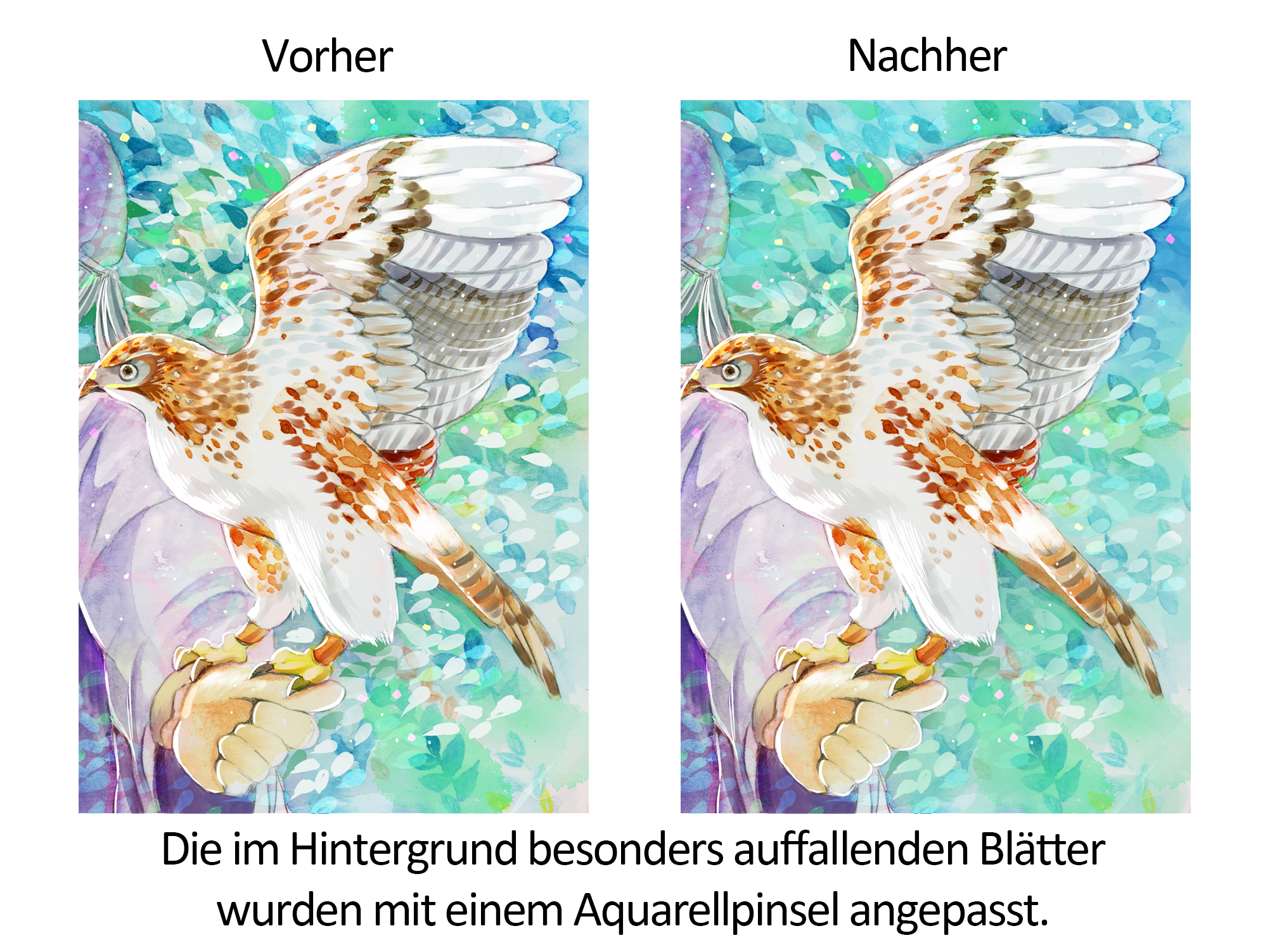 Vorher-/Nachher-Ansicht des Hintergrunds des Aquarells.