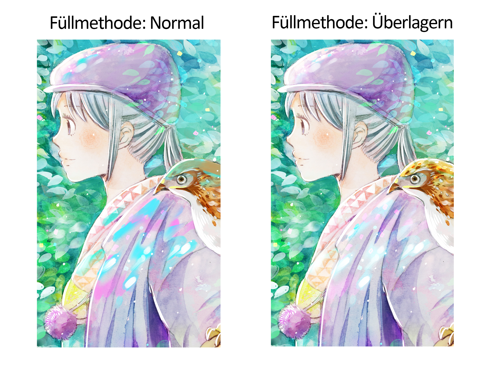 Vergleich zweier Füllmethoden für ein digitales Aquarell.