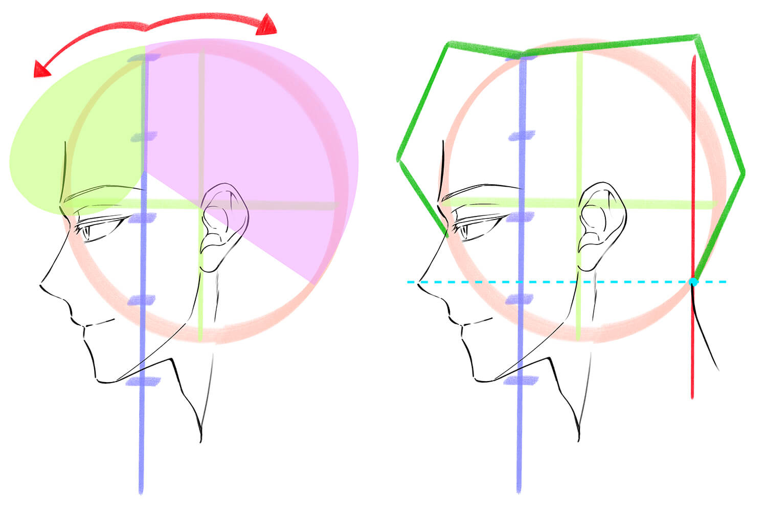 男性の横顔の髪の描き方を解説した画像